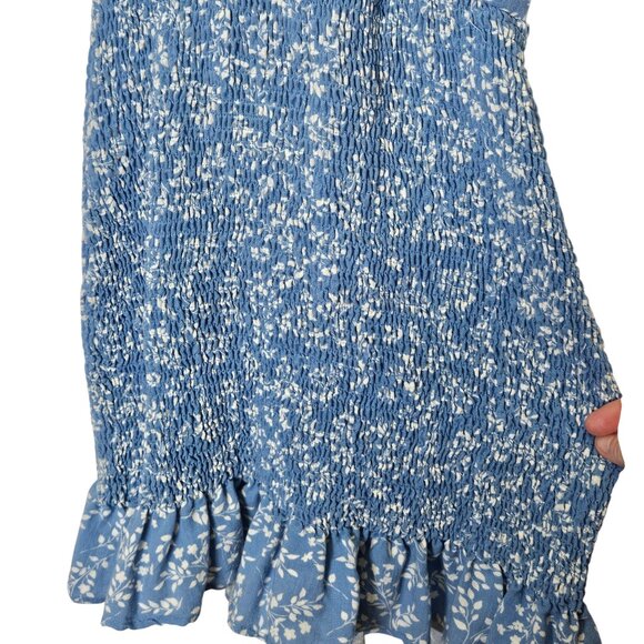 Blue & White Floral Smocked Mini‎ Dress S Ruffle Hem By Olive Tree Cottagecore - Picture 5 of 8